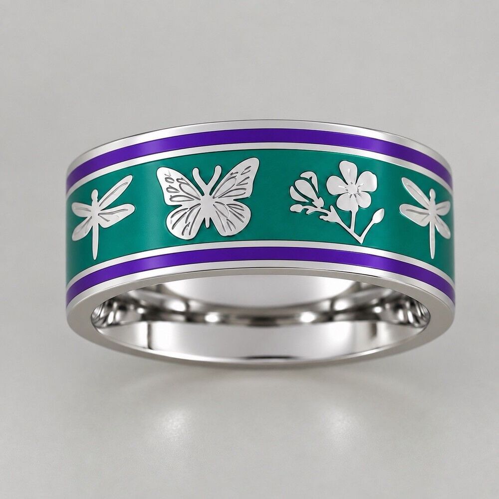 Stainless Steel Comfort Band Ring Butterfly Dragonfly Floral Green Purple Size 9